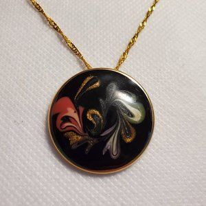 Hand Painted Flower Tin Pendant Necklace Gold Cute